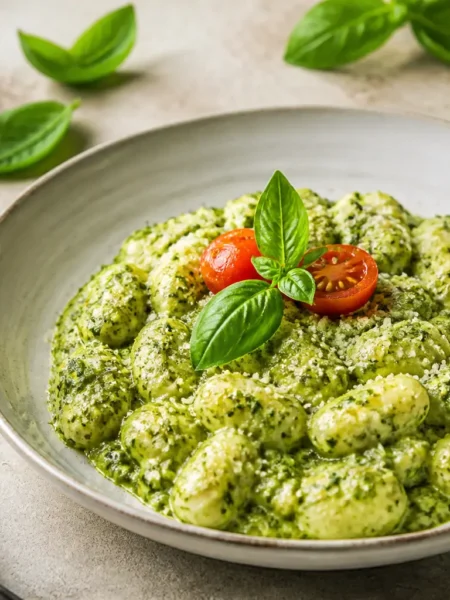 Gnocchi di ricotta con pesto di rucola, basilico e pomodorini