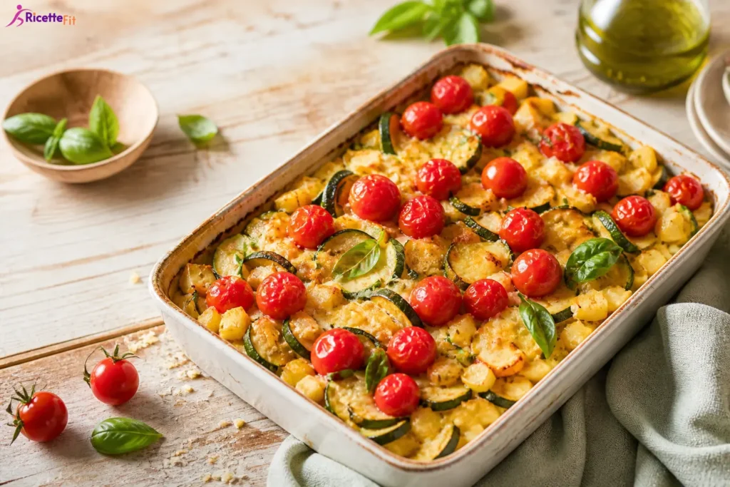 Gratin di patate e zucchine fit con pomodorini e basilico fresco