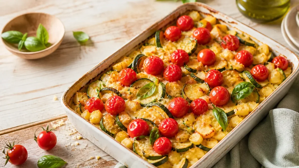 Gratin di patate e zucchine fit con pomodorini e basilico fresco