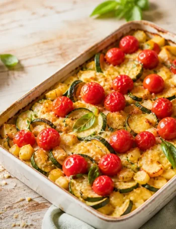 Gratin di patate e zucchine fit con pomodorini e basilico fresco