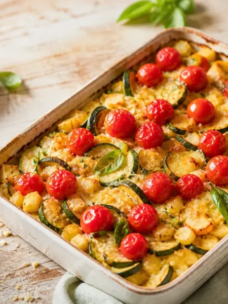 Gratin di patate e zucchine fit con pomodorini e basilico fresco
