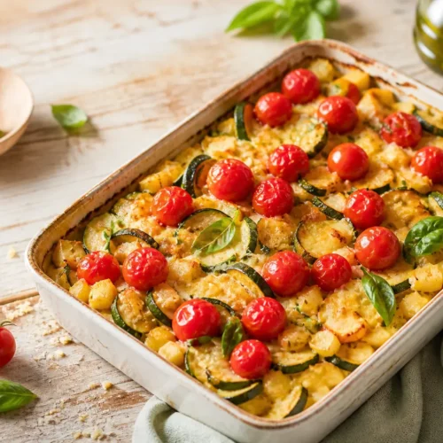Gratin di patate e zucchine con pomodorini e basilico