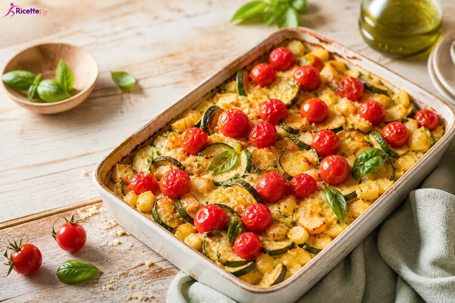 Gratin di patate e zucchine fit con pomodorini e basilico fresco