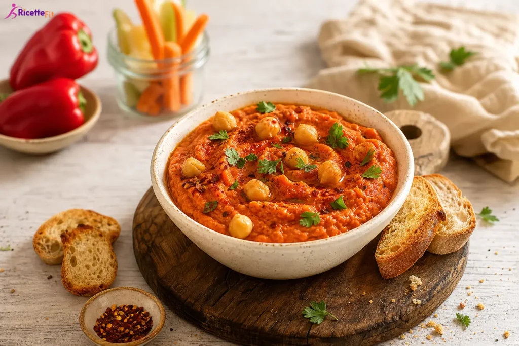 Hummus di peperoni arrostiti con ceci, crostini integrali e crudités
