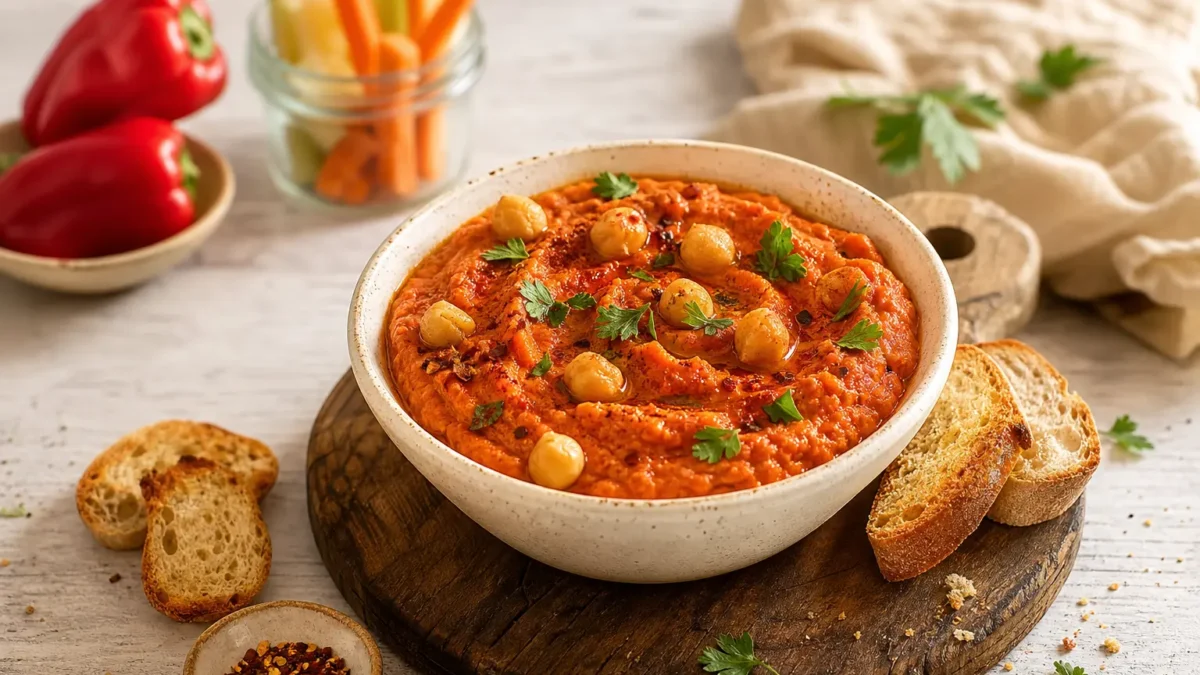 Hummus di peperoni arrostiti con ceci, crostini integrali e crudités