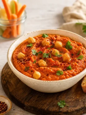 Hummus di peperoni arrostiti con ceci, crostini integrali e crudités