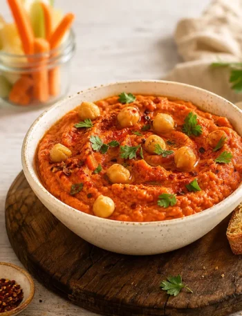 Hummus di peperoni arrostiti con ceci, crostini integrali e crudités