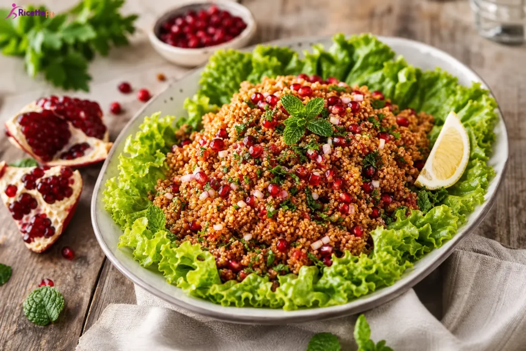 Insalata di bulgur con melograno, menta e lattuga riccia