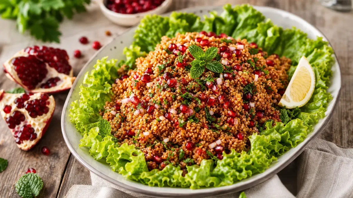 Insalata di bulgur con melograno, menta e lattuga riccia