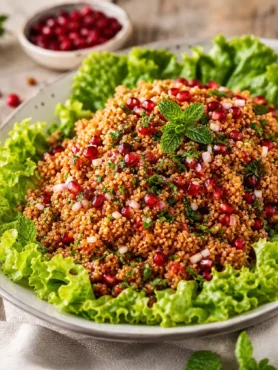 Insalata di bulgur con melograno, menta e lattuga riccia