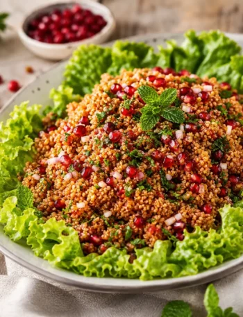Insalata di bulgur con melograno, menta e lattuga riccia