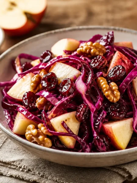 Insalata di cavolo rosso con mela verde, noci e mirtilli rossi