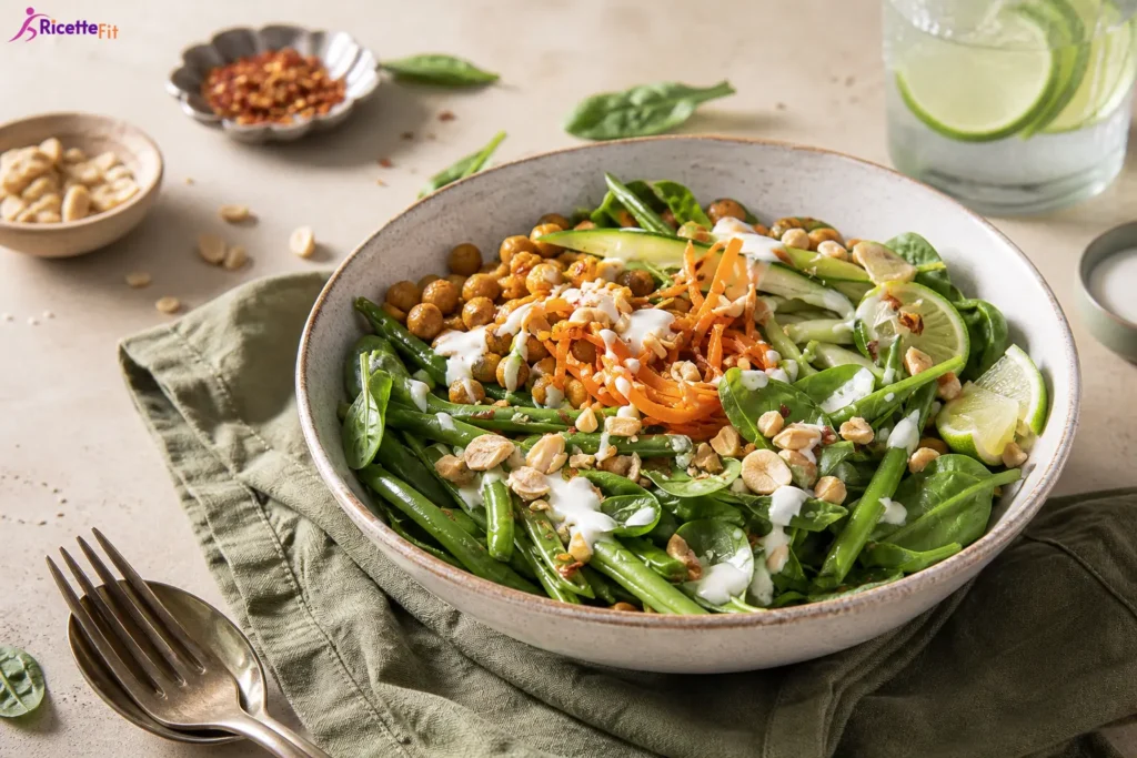 Insalata di ceci con yogurt e curry, spinaci, fagiolini, carote e arachidi