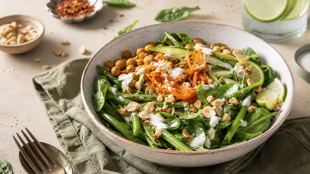 Insalata di ceci con yogurt e curry, spinaci, fagiolini, carote e arachidi