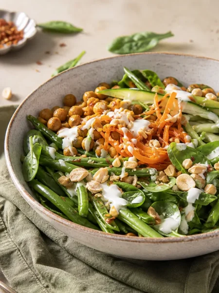 Insalata di ceci con yogurt e curry, spinaci, fagiolini, carote e arachidi