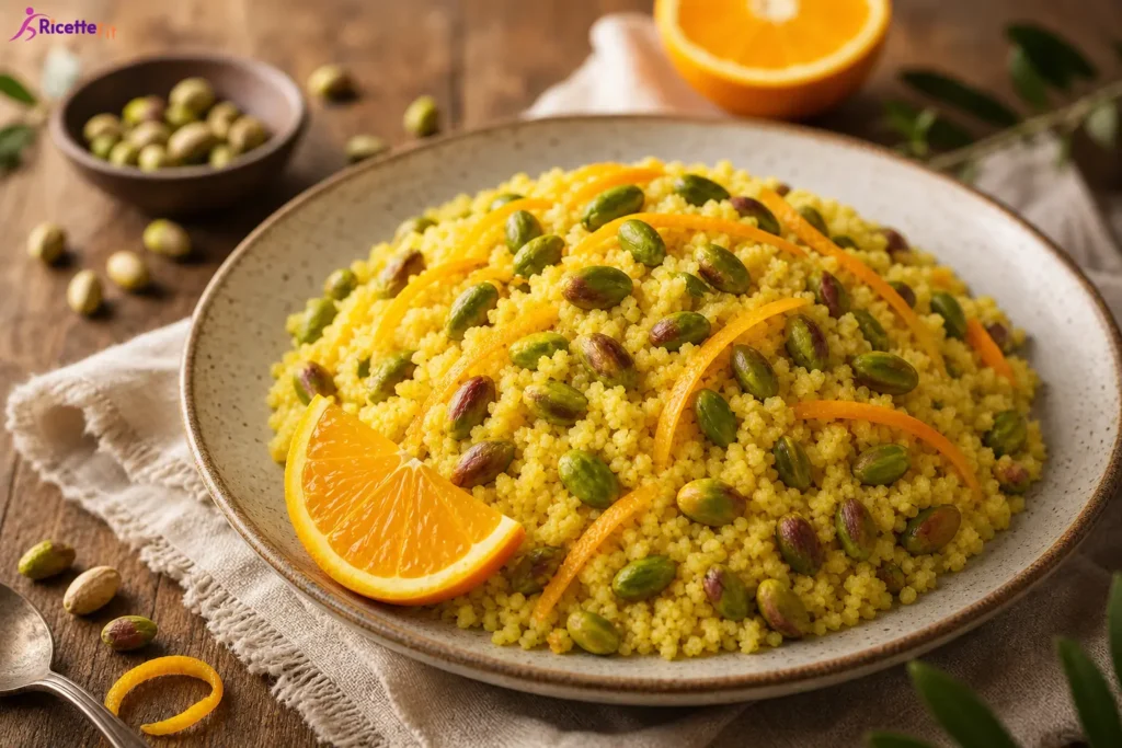 Insalata di cous cous integrale con arancia, curcuma e pistacchi tostati