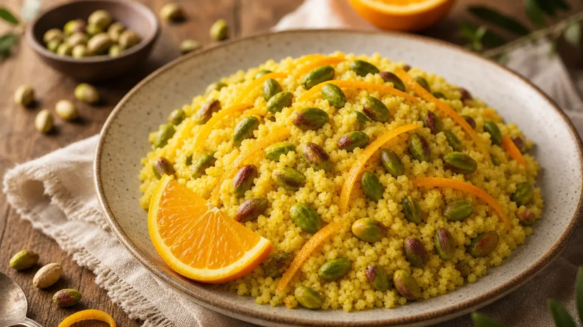Insalata di cous cous integrale con arancia, curcuma e pistacchi tostati