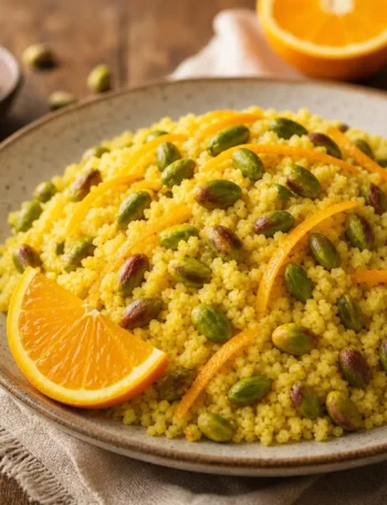 Insalata di cous cous integrale con arancia, curcuma e pistacchi tostati