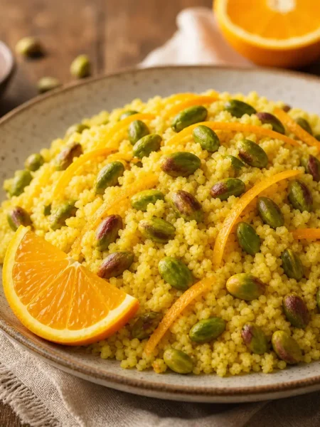 Insalata di cous cous integrale con arancia, curcuma e pistacchi tostati