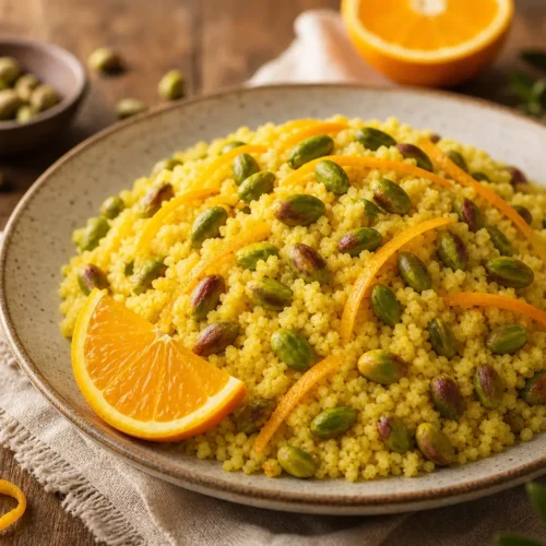 Insalata di cous cous con arancia e pistacchi