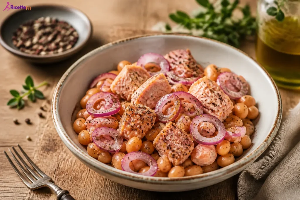 Insalata di fagioli cannellini con tonno e cipolla rossa in ciotola
