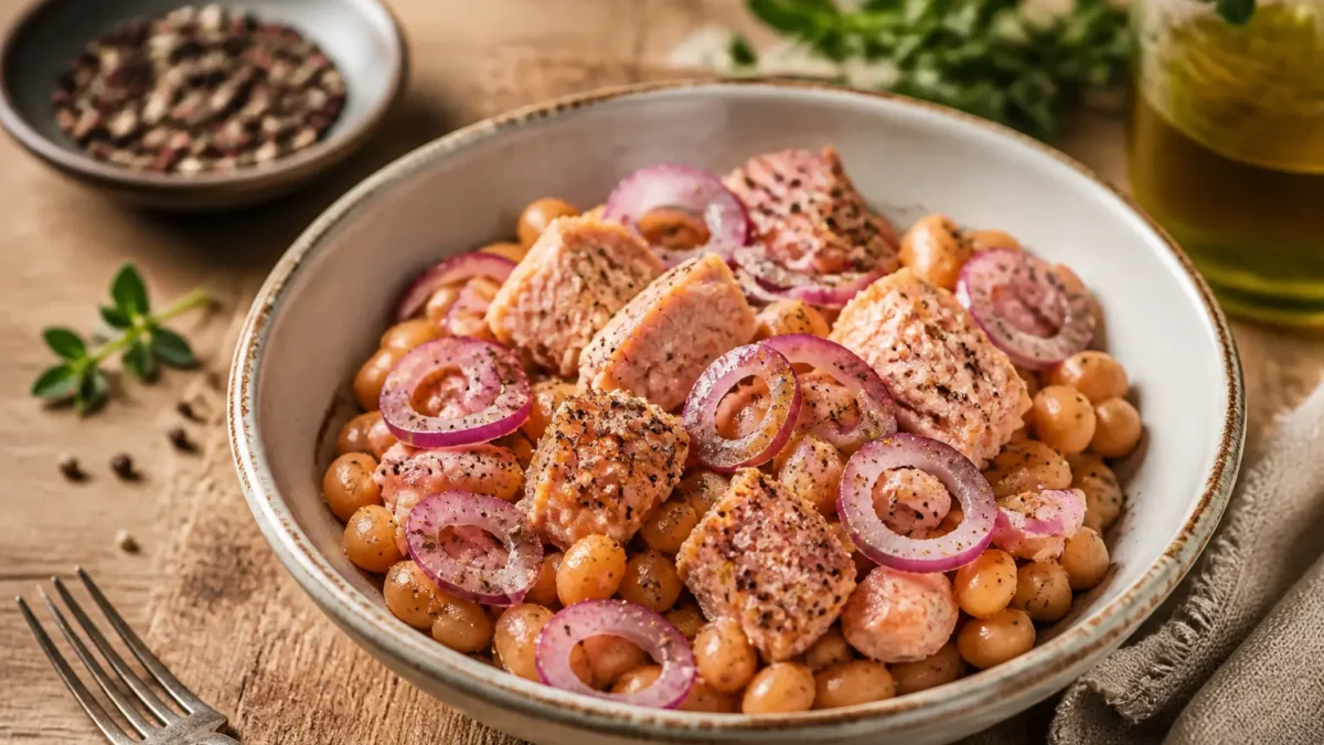 Insalata di fagioli cannellini con tonno e cipolla rossa in ciotola