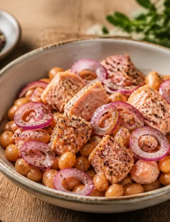 Insalata di fagioli cannellini con tonno e cipolla rossa in ciotola