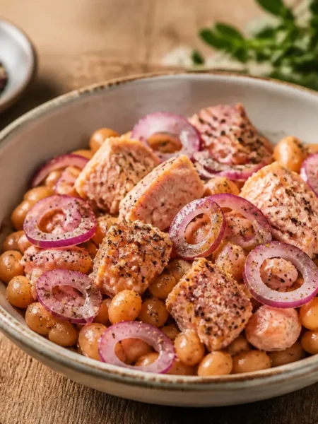 Insalata di fagioli cannellini con tonno e cipolla rossa in ciotola