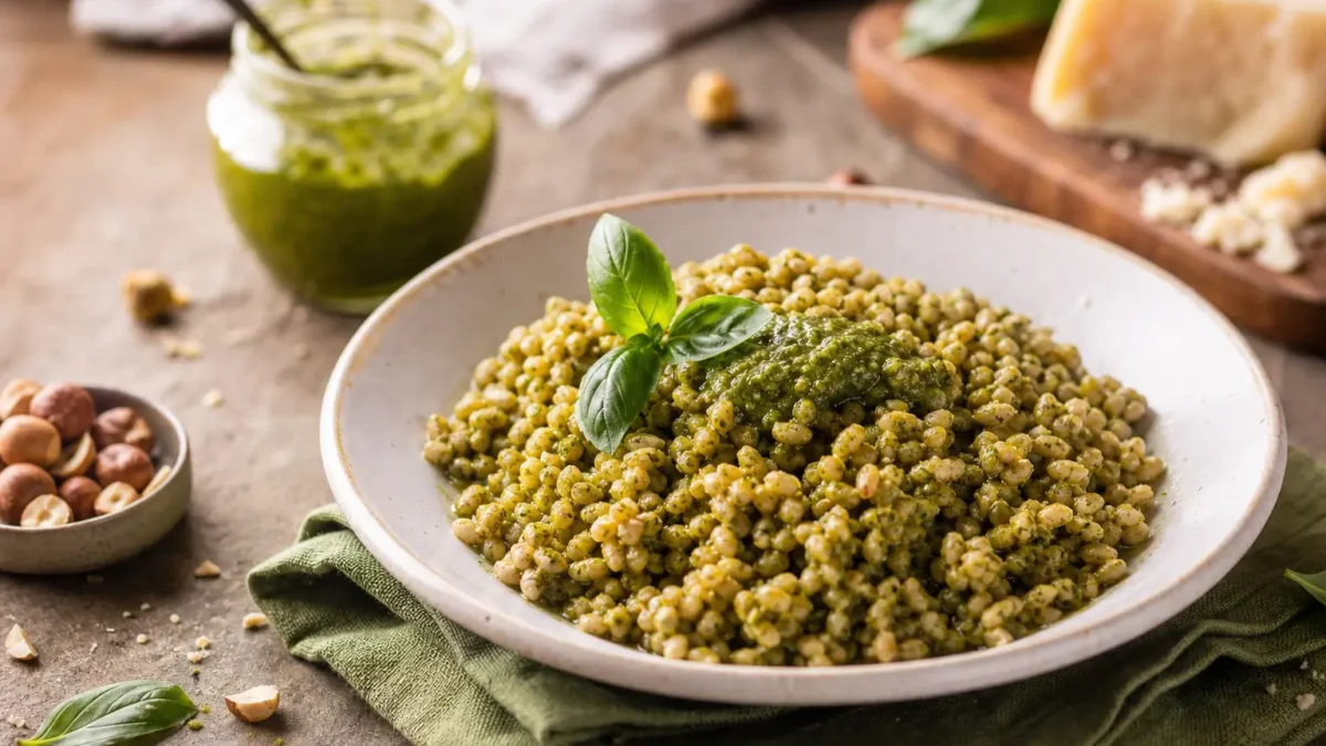 Insalata di farro con pesto di basilico e mandorle in piatto fondo