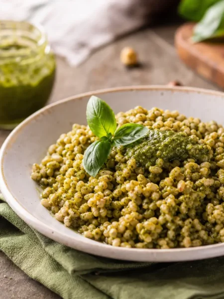 Insalata di farro con pesto di basilico e mandorle in piatto fondo