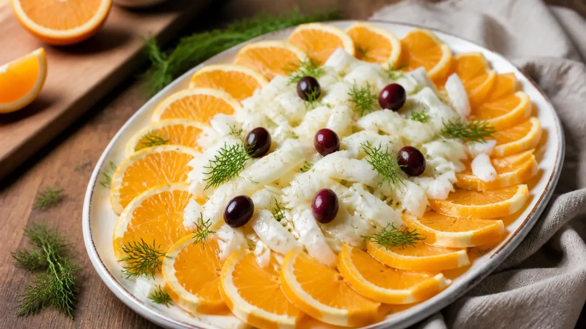 Insalata di finocchi, arancia e olive nere con finocchietto fresco