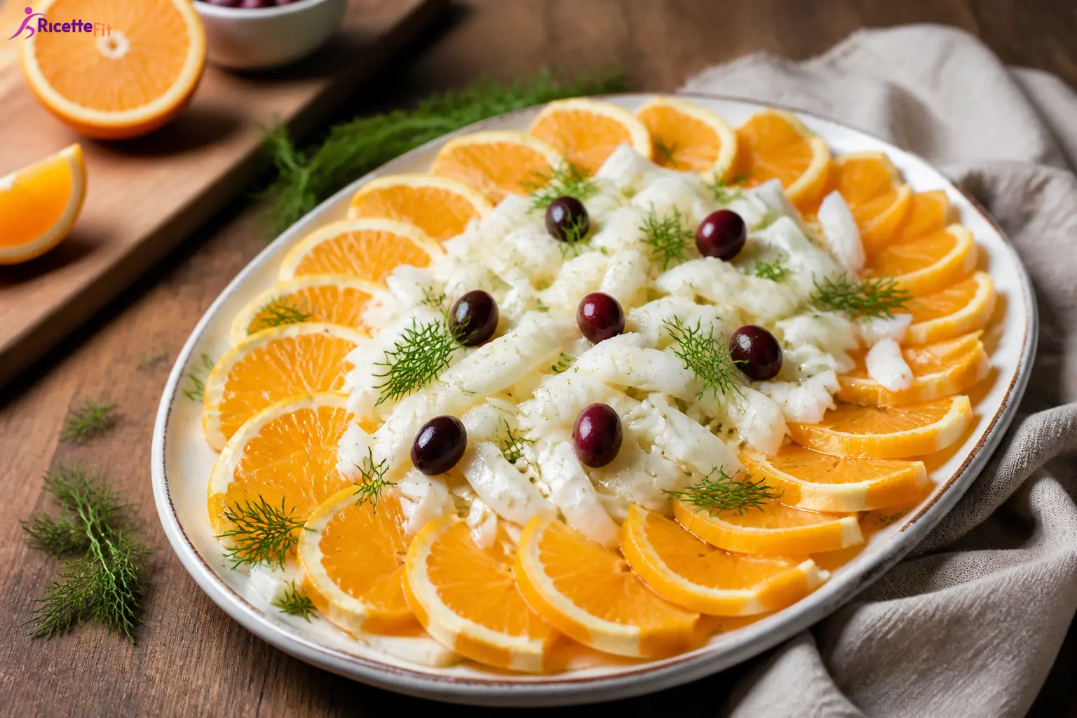 Insalata di finocchi, arancia e olive nere con finocchietto fresco
