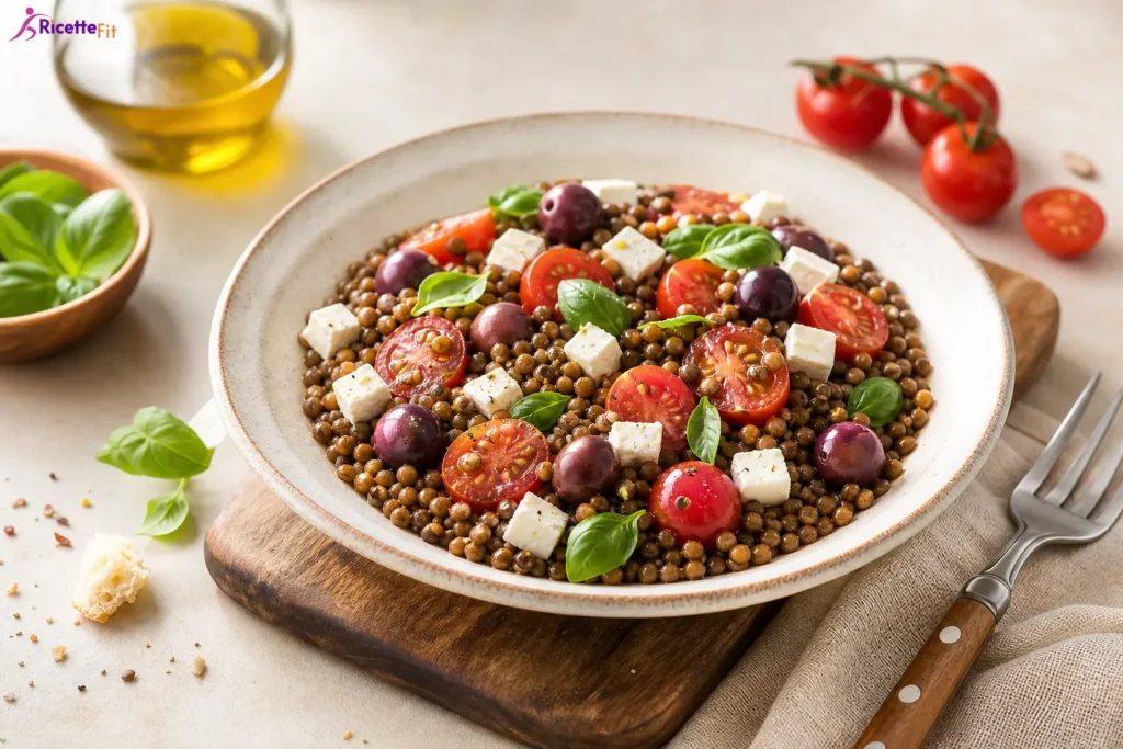 Insalata di lenticchie con feta, pomodorini, olive Kalamata e basilico
