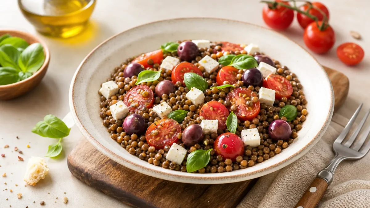 Insalata di lenticchie con feta, pomodorini, olive Kalamata e basilico