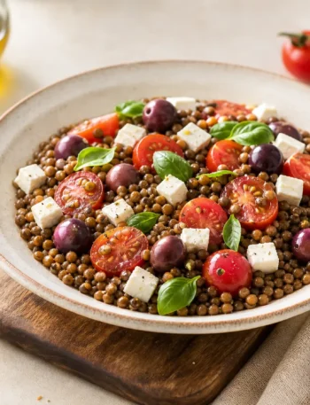 Insalata di lenticchie con feta, pomodorini, olive Kalamata e basilico