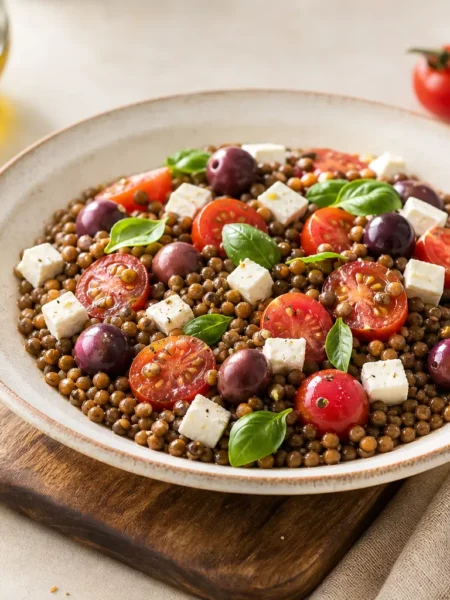 Insalata di lenticchie con feta, pomodorini, olive Kalamata e basilico