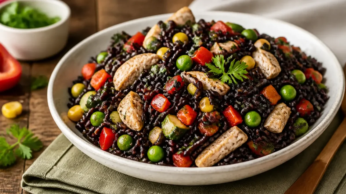 Insalata di riso venere con pollo, edamame, verdure e mais