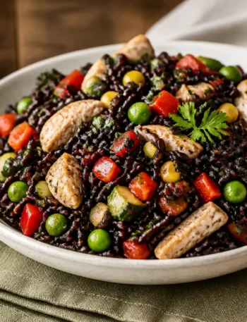 Insalata di riso venere con pollo, edamame, verdure e mais