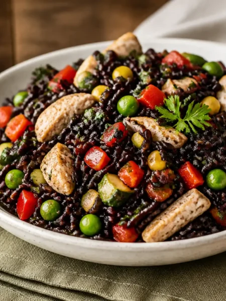 Insalata di riso venere con pollo, edamame, verdure e mais