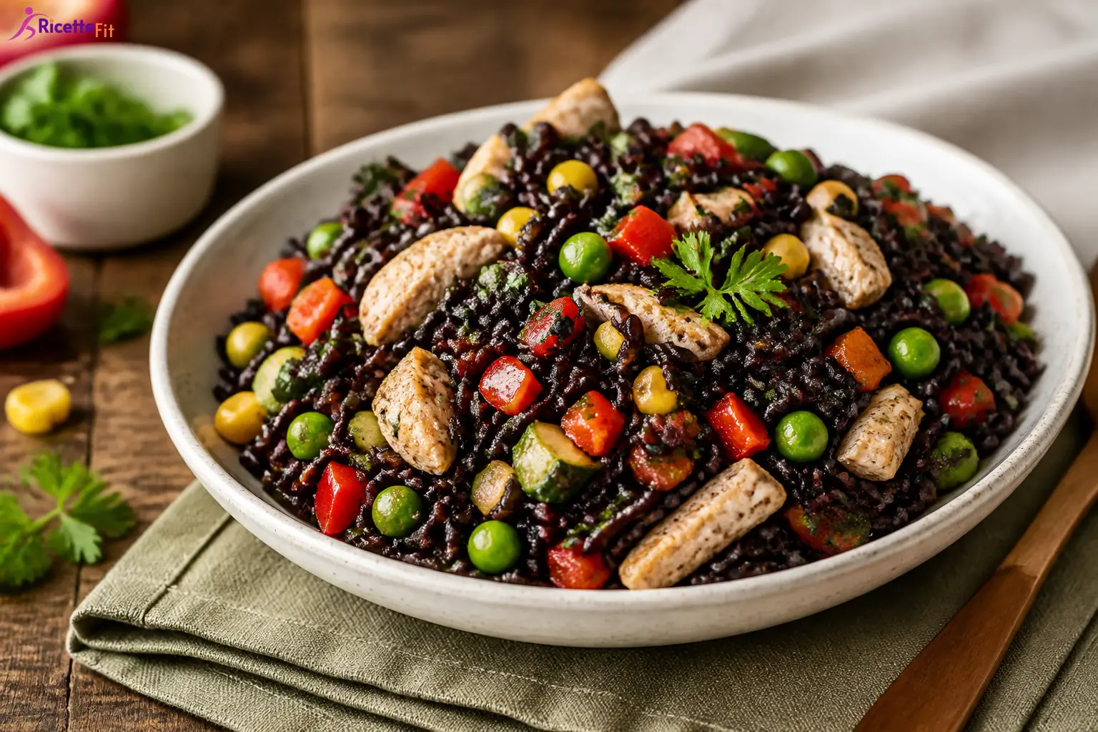 Insalata di riso venere con pollo, edamame, verdure e mais