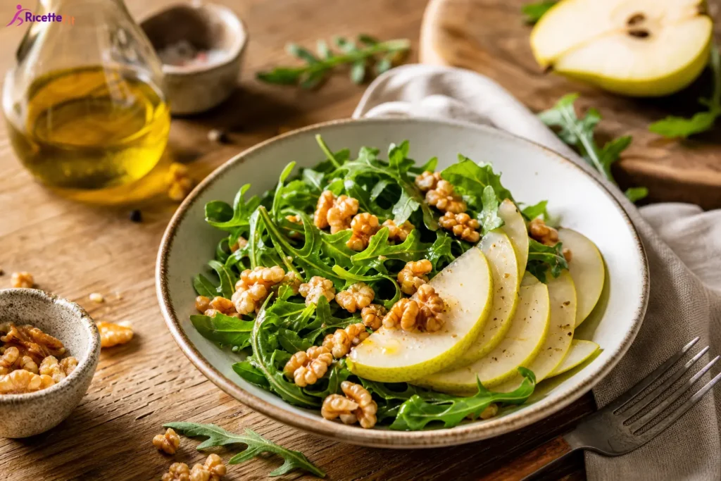 Insalata di rucola con pere, noci e grana