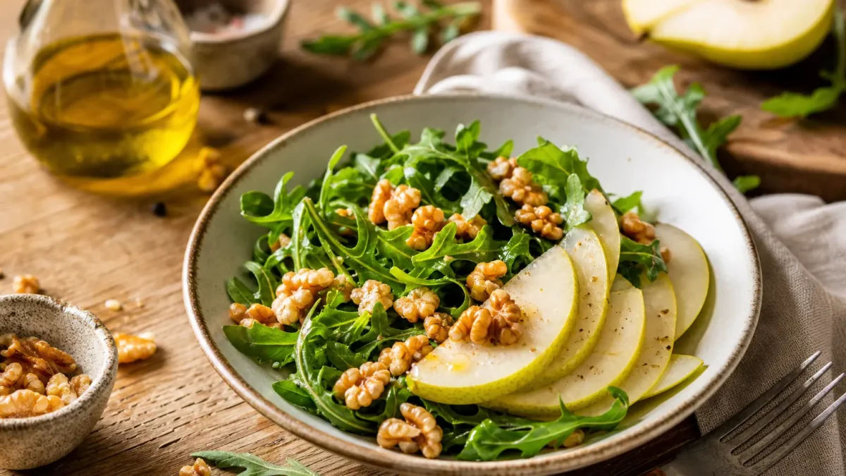 Insalata di rucola con pere, noci e grana
