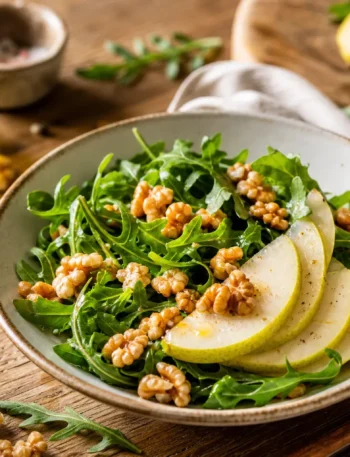 Insalata di rucola con pere, noci e grana