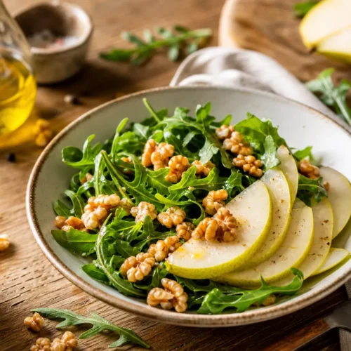 Insalata di rucola, pere, noci e grana