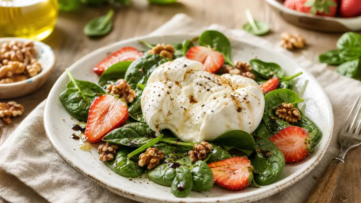 Insalata di spinacino con fragole, burrata, noci e aceto balsamico