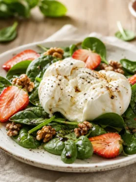 Insalata di spinacino con fragole, burrata, noci e aceto balsamico