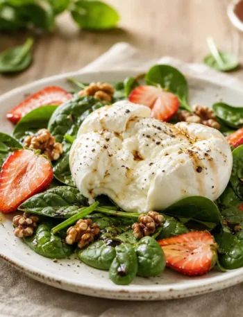 Insalata di spinacino con fragole, burrata, noci e aceto balsamico