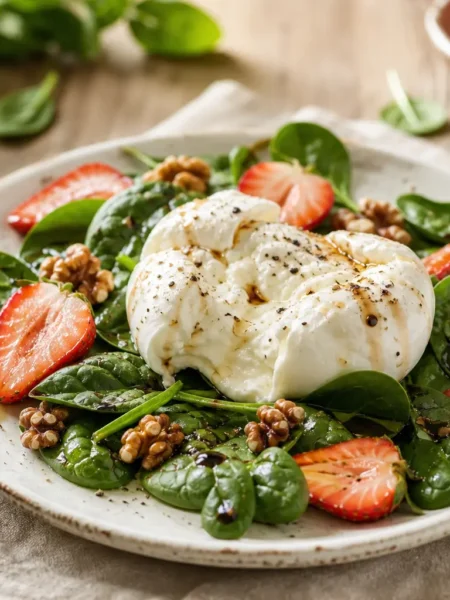 Insalata di spinacino con fragole, burrata, noci e aceto balsamico