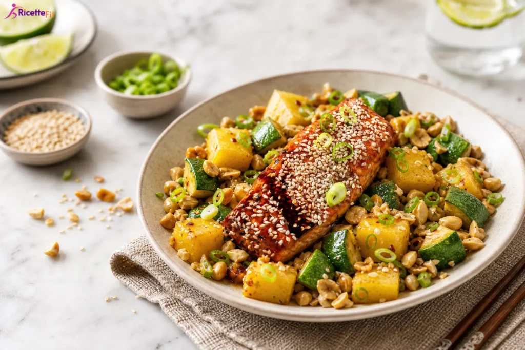 Insalata di tofu croccante con sesamo, ceci, zucchine, ananas e lime
