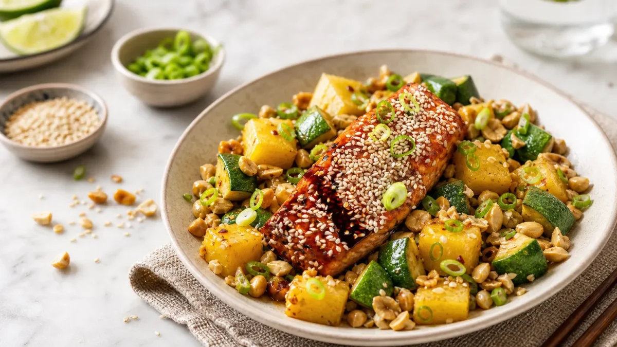 Insalata di tofu croccante con sesamo, ceci, zucchine, ananas e lime